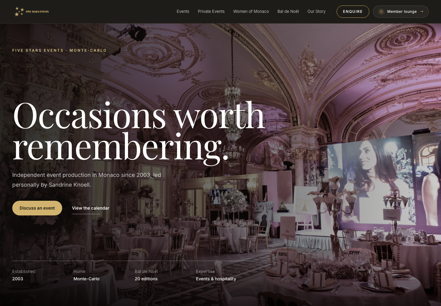 Accueil du site Five Stars Events : une photographie de réception et deux accès à la prise de contact ou au calendrier.